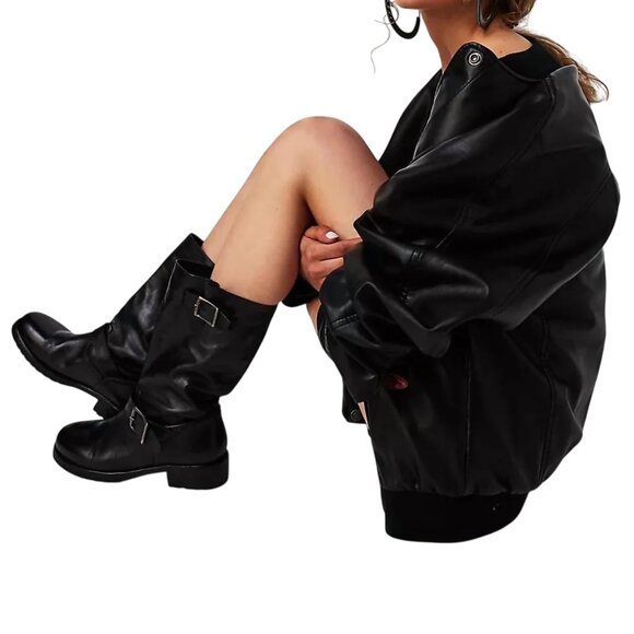 Free People Ride Or Die Leather Engineer Boots in Black - Picture 2 of 8
